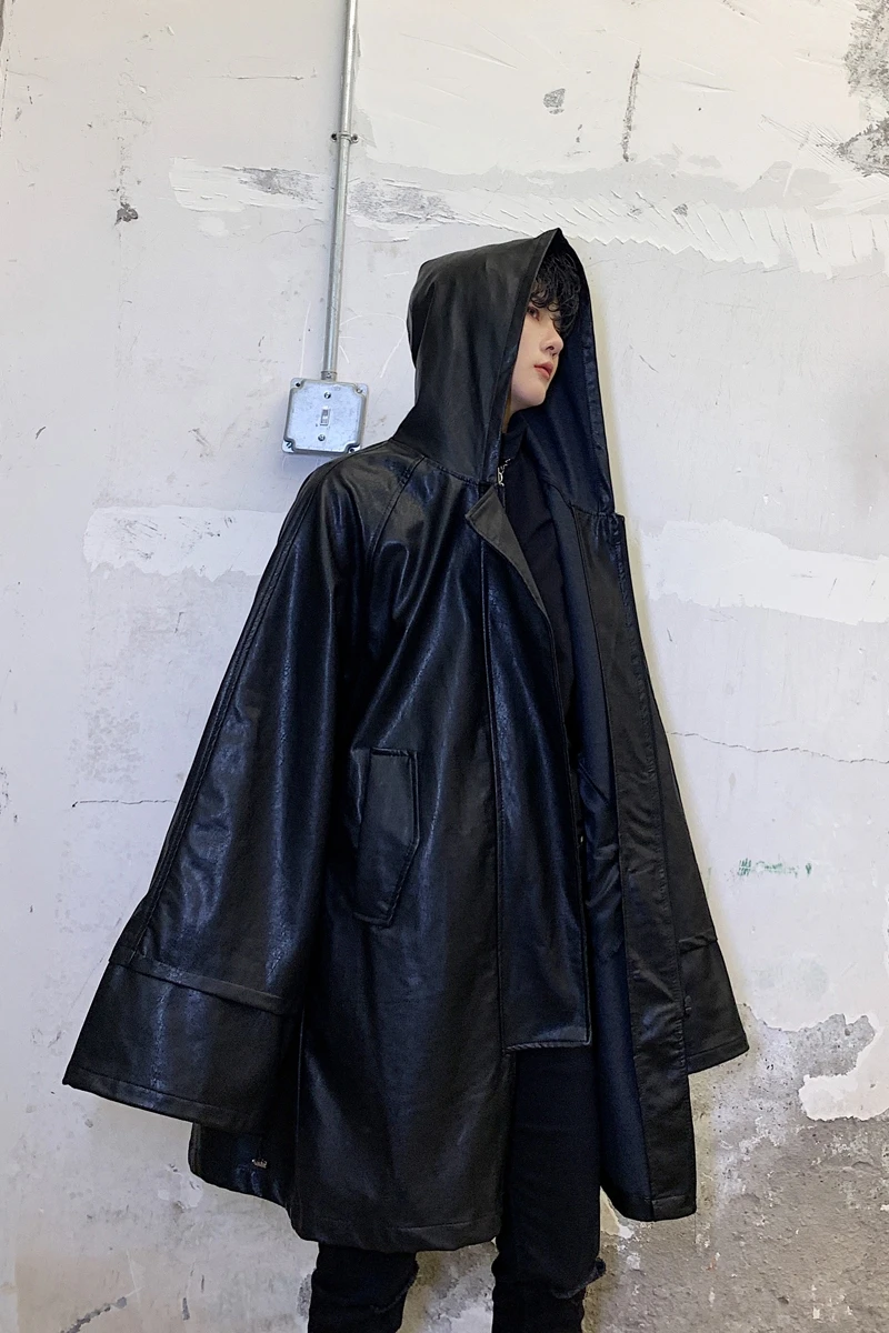 

S-XL!Autumn and winter dark pioneer design men's long section loose silhouette hooded leather windbreaker tide male hip hop coa.