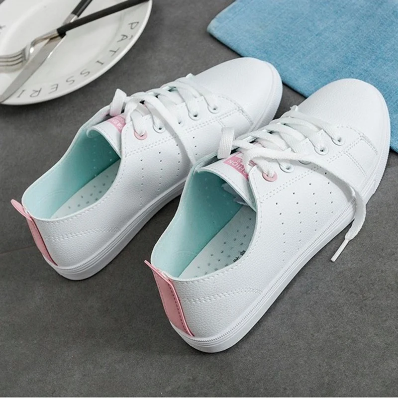 

QWEDF Women Casual Shoes Summer 2019 Spring Women Flats Shoes Fashion Breathable Vulcanization Lace-Up Women Sneakers CZ-99