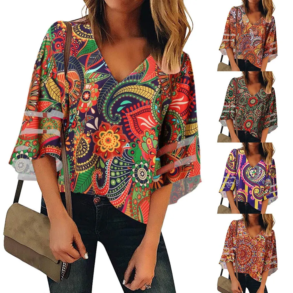 Блузка женская в этническом стиле с V образным вырезом и винтажным