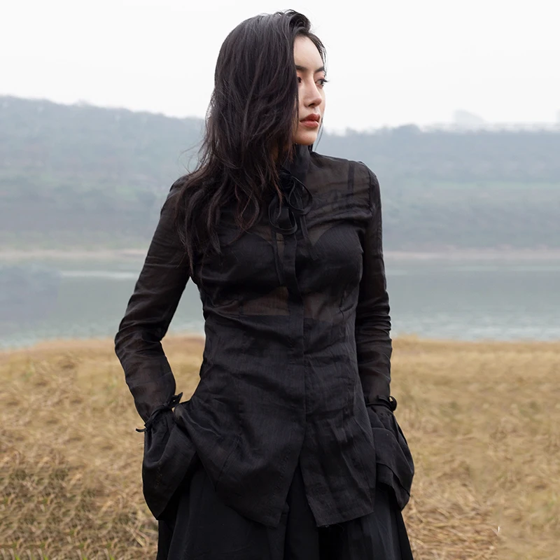 [EAM] Women Black Flare Sleeve Bandage Loose Temperament Blouse New Lapel Loose Fit Shirt Fashion Tide Spring Autumn JR475