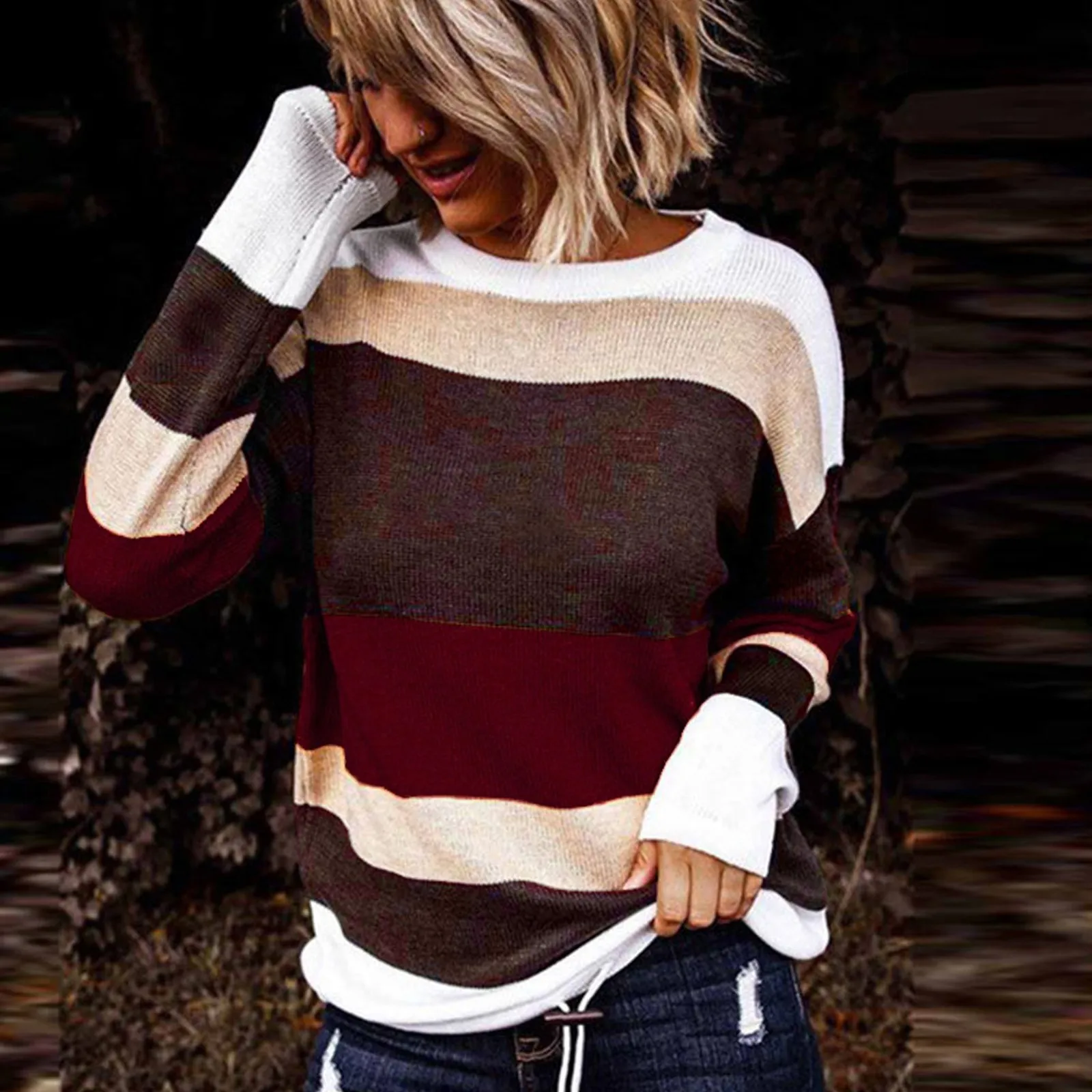 

Women Round Neck Streetwear Knitted Striped Ladies Sweater Elegant Jumper Long Sleeve O-neck Pullover Tops Autumn Sweaters