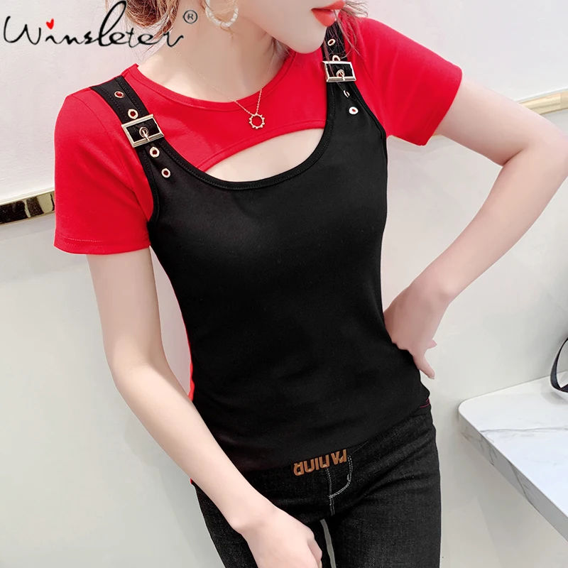 

FAKUNTN Korean Style T-Shirt Girls Fashion Sexy Hollow Out Contrast Color Snap Joint Women Tops Short Sleeve Tees 2021 T12906A