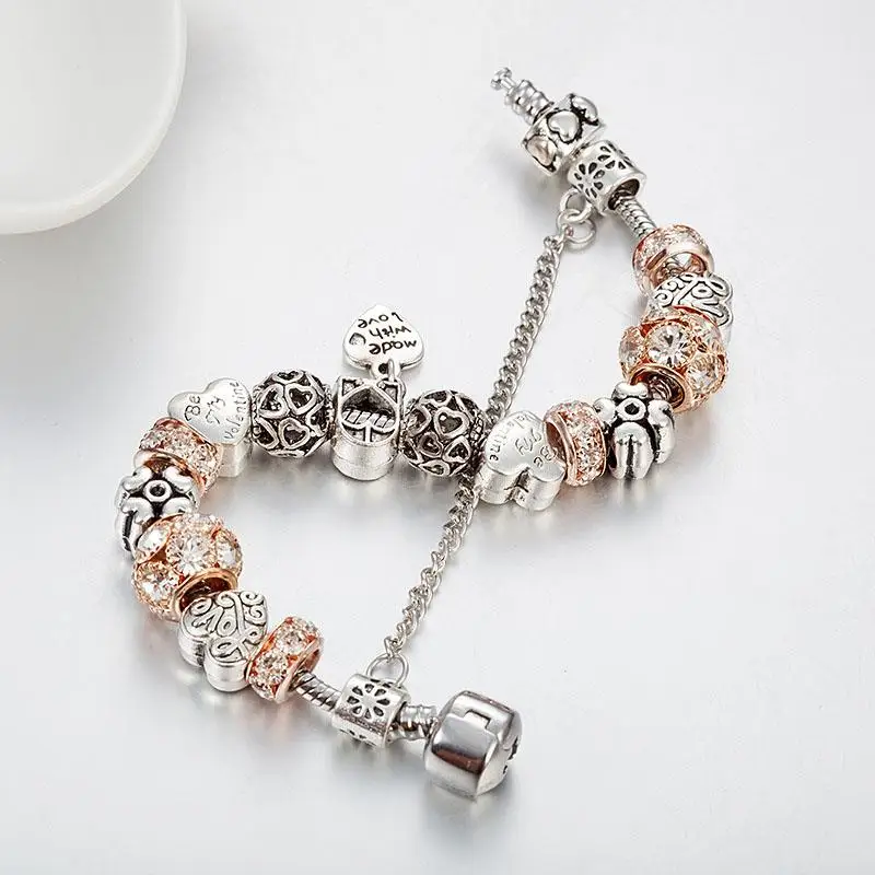 

Hot Bracelet Bangles With Beige Beads Jewelry Artificial Diamond Heart Beads Charm Bangles For Pand