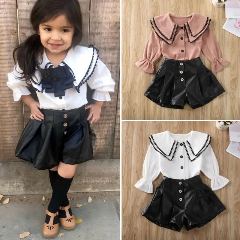 Осенняя одежда для маленьких девочек кофта с бахромой + кожаные шорты Модный