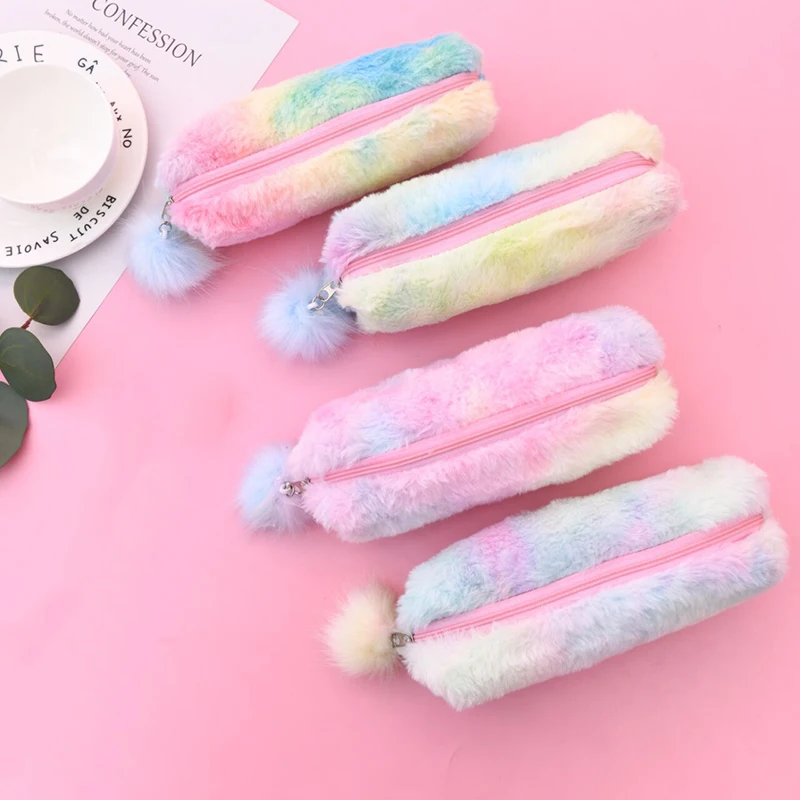 

Plush Ball Pencil Case Gradient Color Lovely Stationery Storage Bag Educational Supplies Gifts for Girls DU55