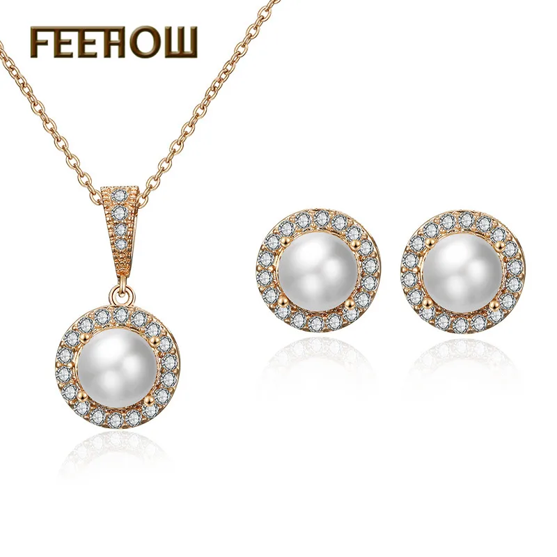 FEEHOW Элегантный Циркон Имитация жемчуга круглые красивые серьги ожерелье набор