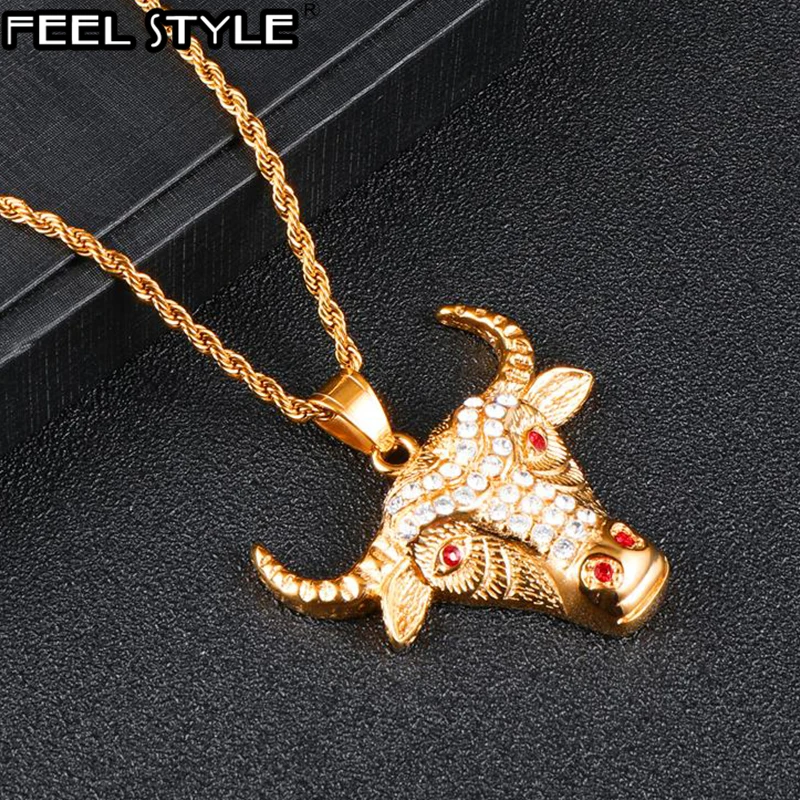 Хип хоп микро проложить Стразы голова животного быка ожерелье золотой цвет 316L