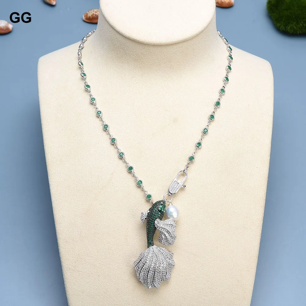 

GuaiGuai Jewelry Natural White Keshi Pearl Green Cubic Zirconia Micro CZ Pave Fish Brooch Pendant Charms For Women Girls