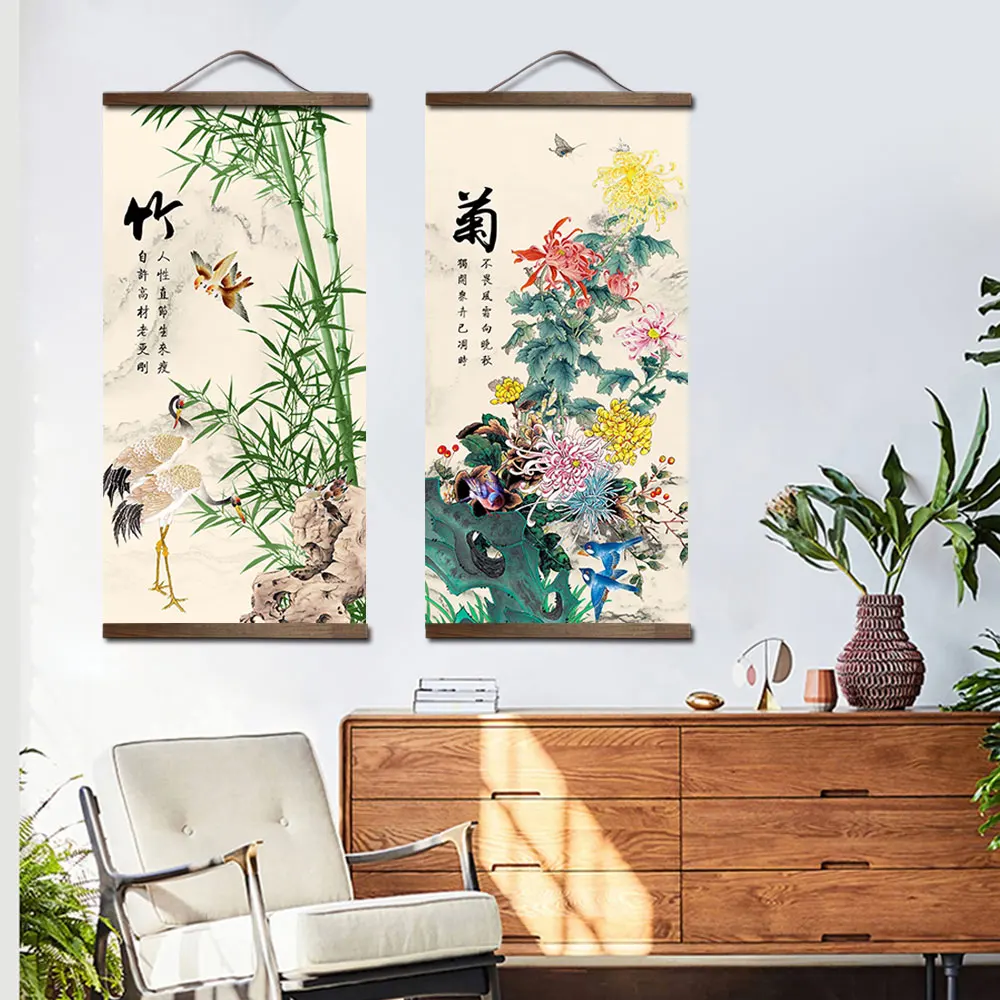

chinese style flower Green plants canvas decorative painting Store bedroom living room wall art solid wood scroll paintings