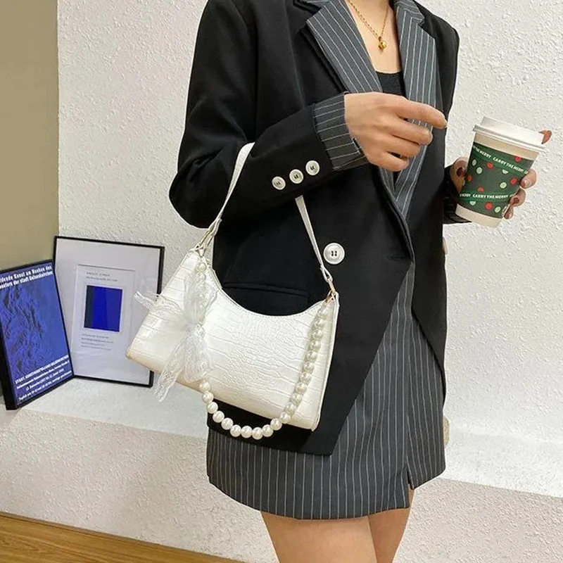 

LHXCY Alligator Pu Leather Baguette Bags New Fashion Shoulder Bag Women Handbag Luxury Brand Underarm Chain Bow-knot Pearl Bags