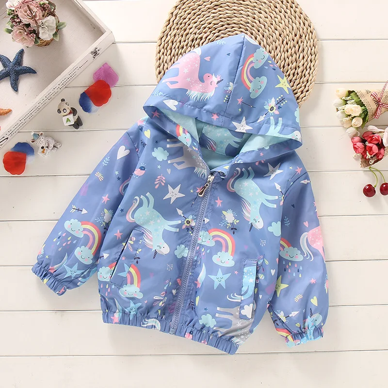 Spring Summer Kids Girls Windbreaker Unicorn Jackets Cartoon Hooded Blue Color for Child Outerwear 2-8years Old | Детская одежда и