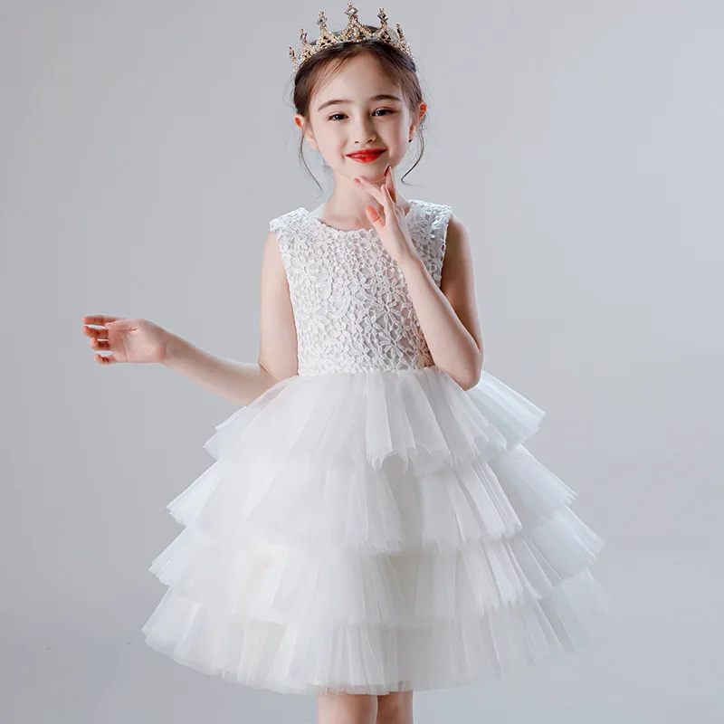 

Cute White Puffy Dresses Tiered Layers Tulle Lace Bodice Zipper Up Birthday Flower Girl Princess Kids First Communion Dresses