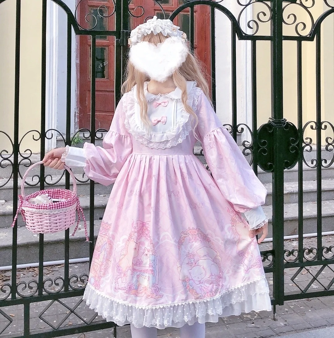 

Japanese Style Girls Long Sleeve Sweet Lolita Dress Women Bowknot JSK Cute Doll Collar Tea Party Cosplay Lace Dress Maid Costume