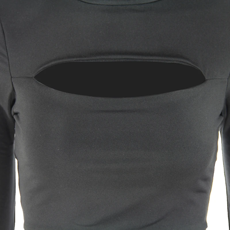 

2021 New Women's Elegant Long Sleeve Solid Cut Crop Short Top Hollow Out Bandage Sexy High Neck Women Fashion Clothes Casual Top