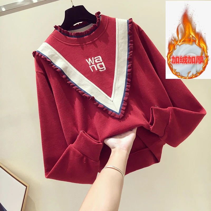 red sweatshirt thick Woherb винтажная модная толстовка с круглым вырезом и длинным рукавом, повседневные свободные толстовки в стиле пэчворк, осенне-зимняя женская одежда, Корейская Новинка 91182 - Цвет: red sweatshirt thick