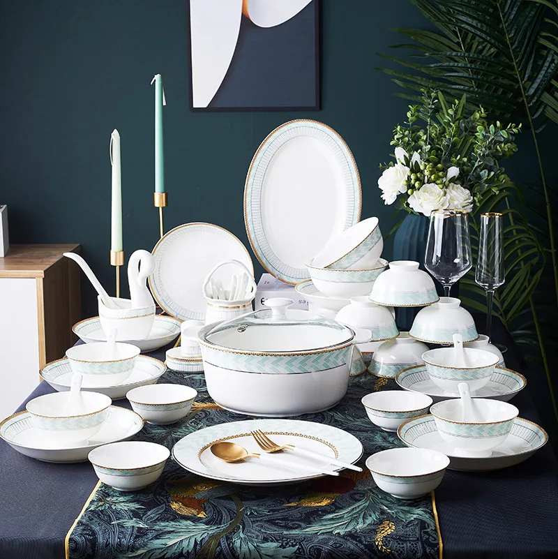 

Tableware set wholesale Jingdezhen Ceramic tableware 60 head blue European tableware set printed