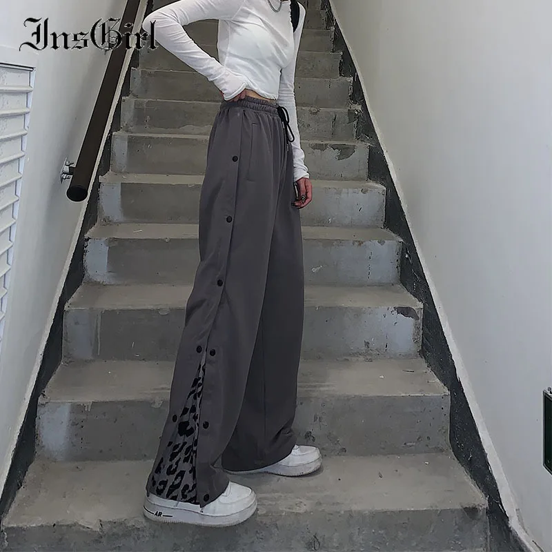 

InsGirl New Fashion Black Pants Women Vintage Streetwear Harajuku Grunge Leopard Patchwork High Waist Loose Straight Trousers