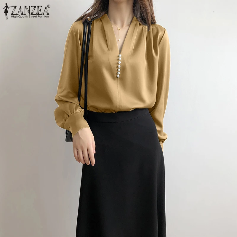 

2022 Stylish OL Tunic Tops Women Casual Office Work Blouse ZANZEA Elegant Long Sleeve V Neck Shirts Autumn Satin Solid Chemise