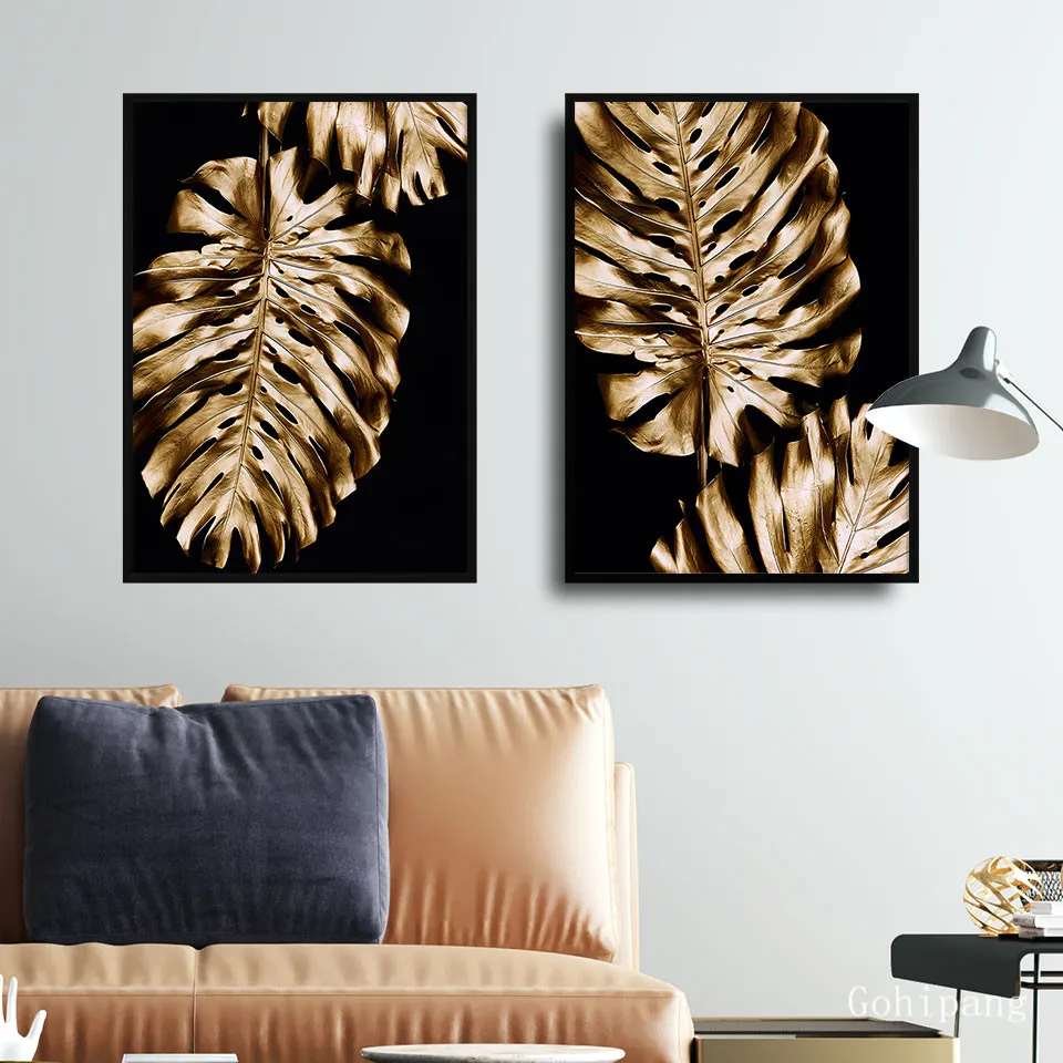 Постер с золотой ладонью Картина на холсте растениями листья монстеры Настенная