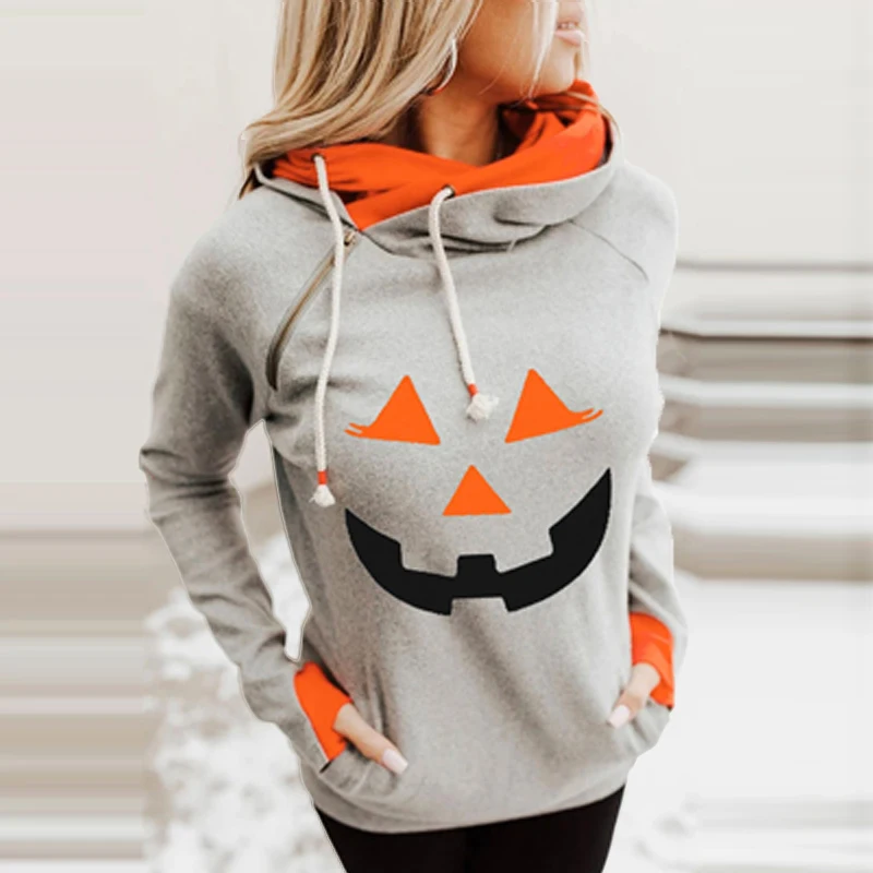 

Halloween Pumpkin Smile Print Hoodies Women Casual Size Zipper Drawstring Sweatshirt Pullover Autumn Winter Patchwork Pocket Top