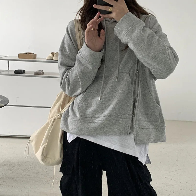 

Irregular Stitching Double-headed Zipper Split Hooded Sweater Women's Autumn Solid Color Splicing Loose Casual Long Sleeves Top