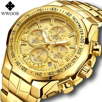 wwoor sports chronograph mens watches luxury gold full steel quartz watch men military waterproof wrist watch relogio masculino