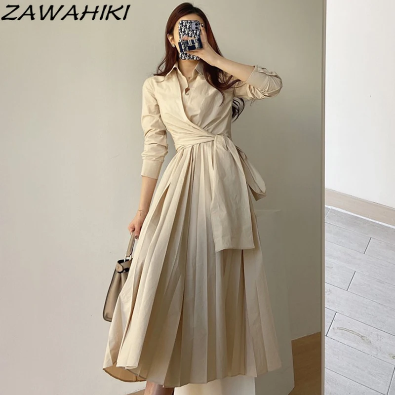 

Zawhiki платья женские шикарные темпераментные платья с отложным воротником необычные женские платья с перекрестной завышенной талией плисси...