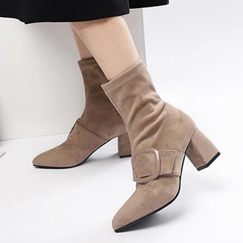 Женские винтажные сапоги до середины икры на толстом высоком каблуке с острым