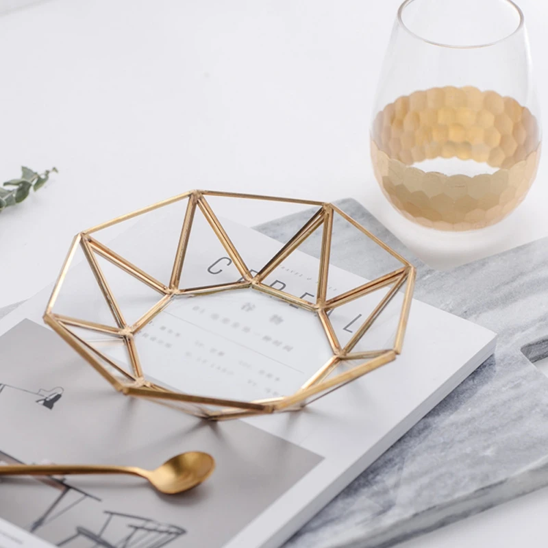 

Glass Copper Geometry Storage Baskets Box Simplicity Style Home Organizer For Jewelry Necklace Dessert Plate Box