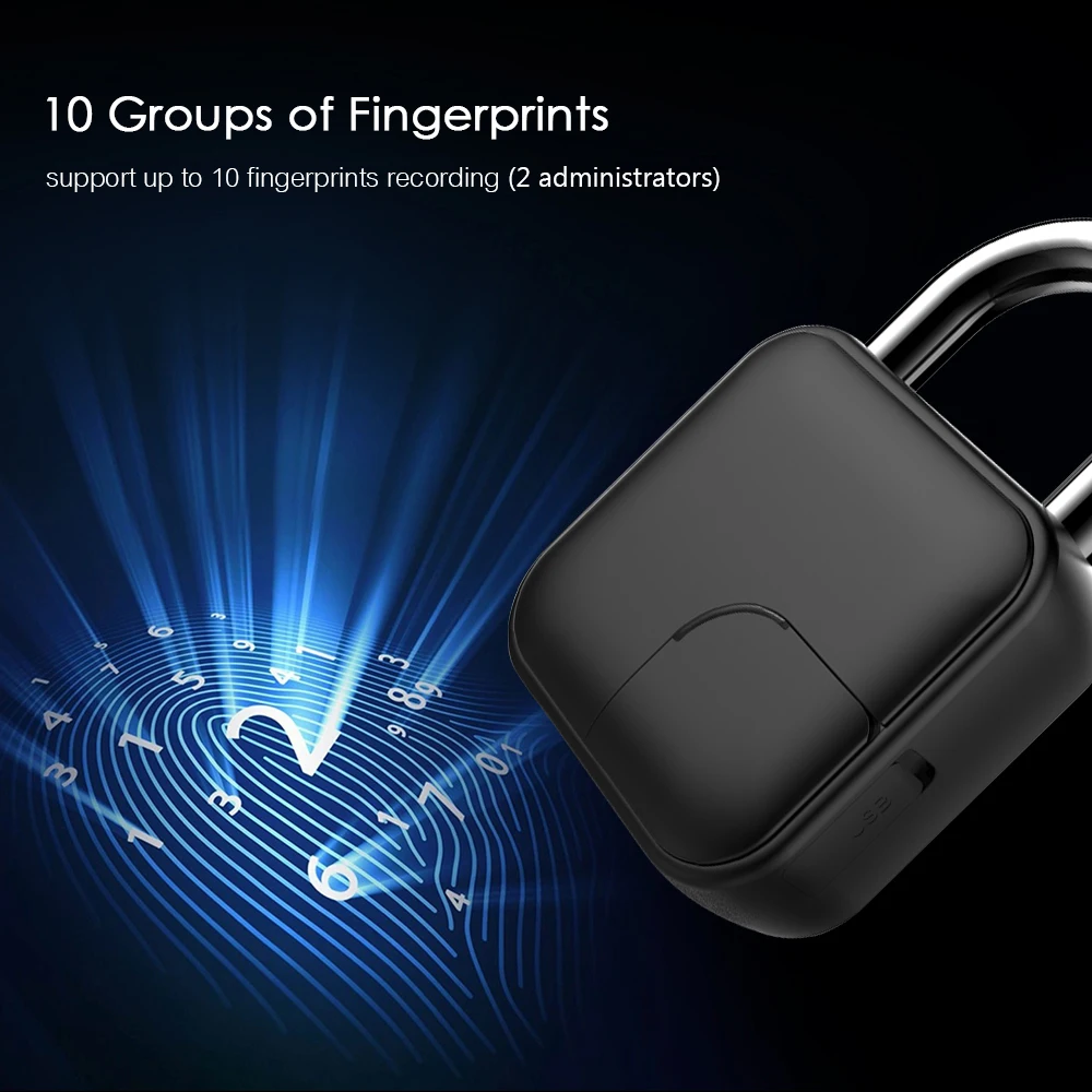 

Fashion Smart Fingerprint Padlock 300mAh Rechargeable Keyless 10 Sets Fingerprints IP65 Waterproof Anti-Theft Security Padlock