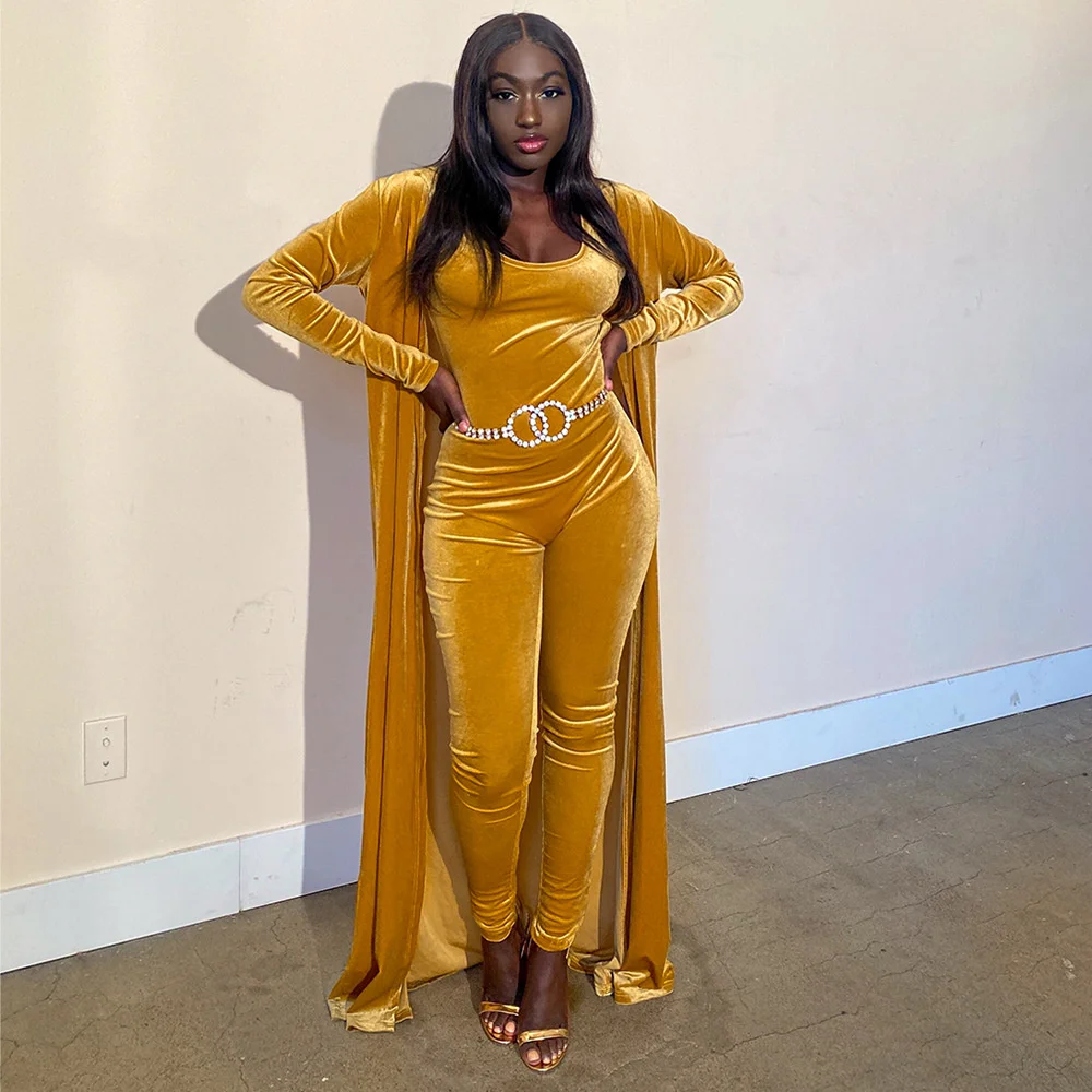 

Sexy Women Velvet Two Piece Outfits Slim Backless Jumpsuit With Maxi Long Cardigan 2 Pieces Set Party Club Streetwear Fall