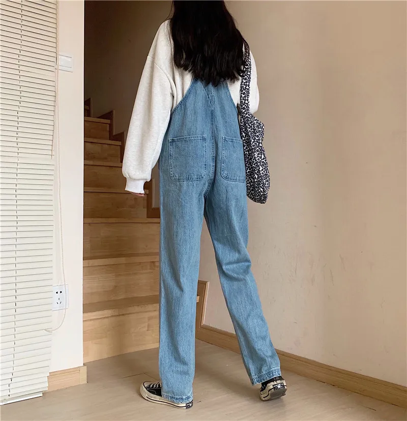 

New Autumn Vintage Women Jumpsuit Harajuku Casual Love Heart Denim Overalls Female Loose Straight Wide Leg Pants Mujer