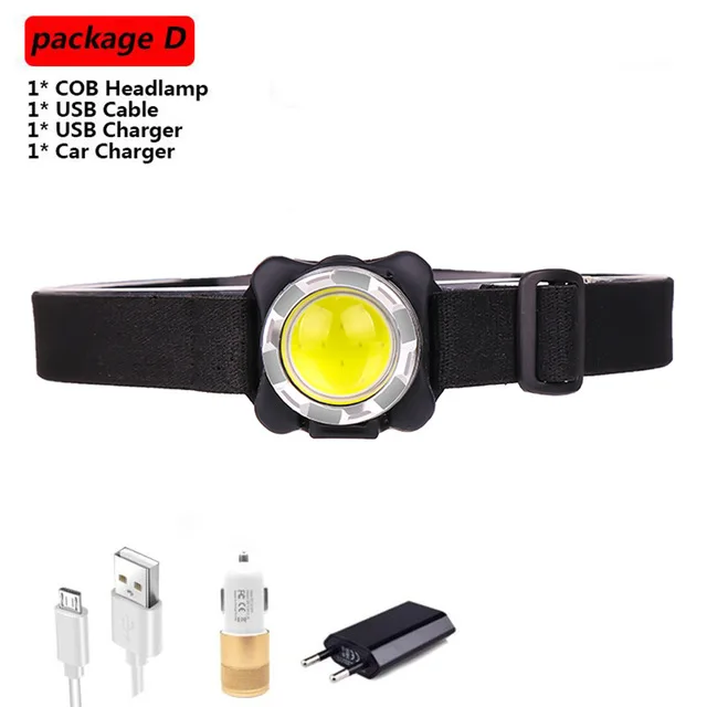 Package D Brightest Headlamp USB Headlight COB LED Head Lamp Rechargeable Head Light Waterproof with Built-in Battery White Red Lighting - Испускаемый цвет: Package D
