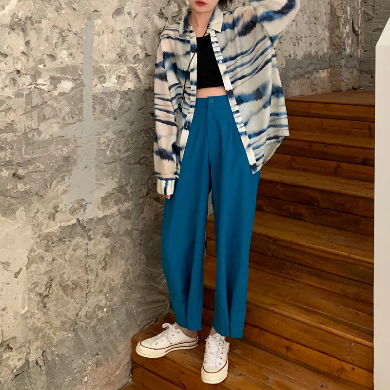 REALEFT/осенний модный костюм широкие брюки свободные с высокой талией повседневные