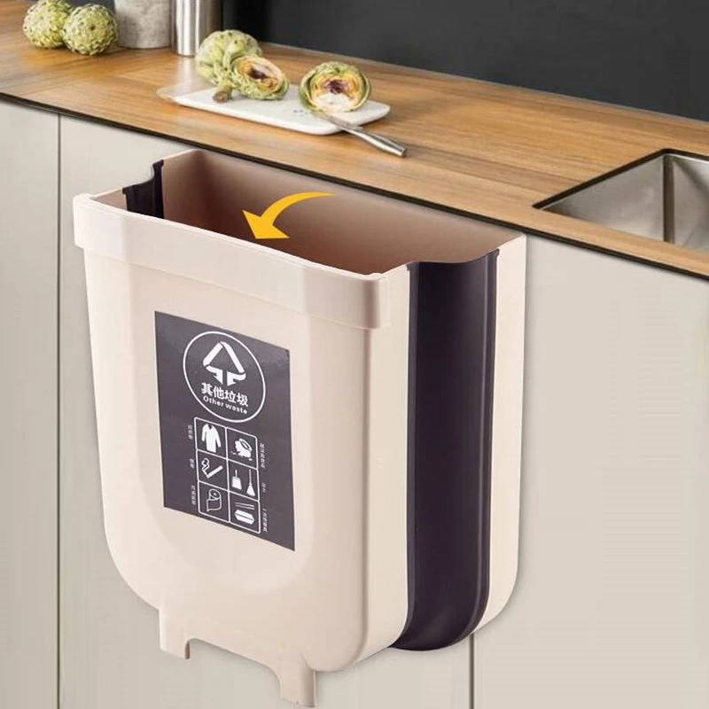 

FEIGOLO 9L Folding Waste Bin Kitchen Cabinet Door Car Hanging Trash Can Wall Mounted Trashcan for Bathroom Toilet Storage FNS57
