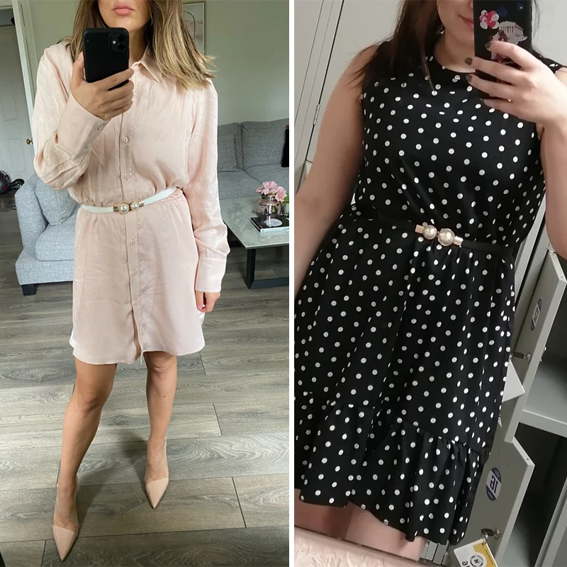 Ремень из искусственной кожи Женский тонкий эластичный пояс с двумя жемчужинами