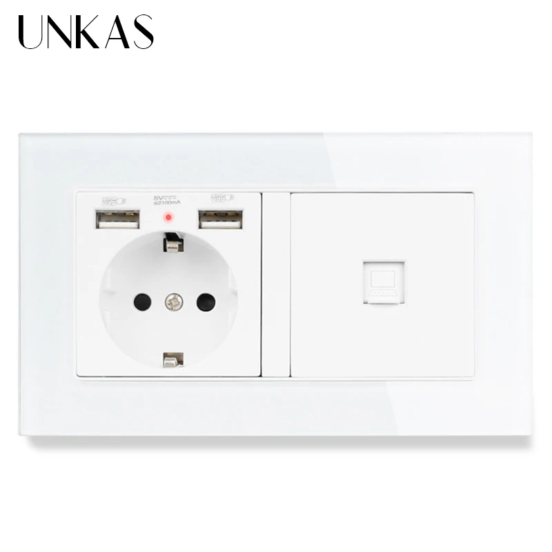 UNKAS роскошная стеклянная панель настенная розетка стандарта ес 2 USB порта для