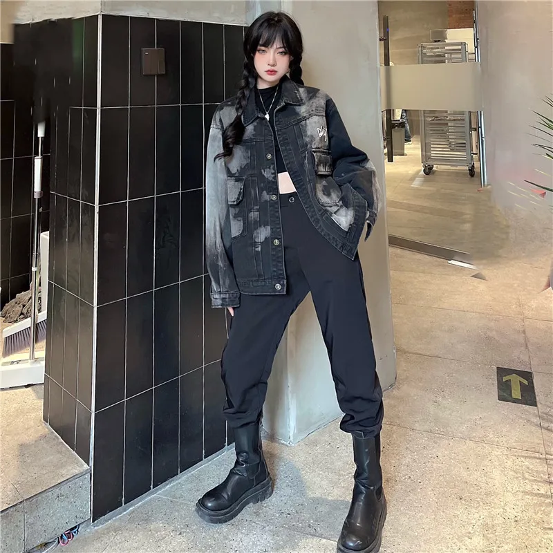 

HARAJPOO Woman Jacaet 2021 New Spring Korean Ins Fashion Harajuku Hong Kong Style Retro Loose Workwear Tie Dye Female Top Tide