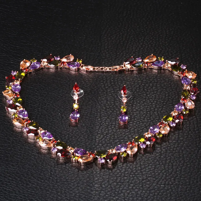 

HUAMI Plant Flowers String Chain Neckalace and Water Drop Earrings Sets for Women Crystal Jewelry Wedding Luxury Bridal Costume