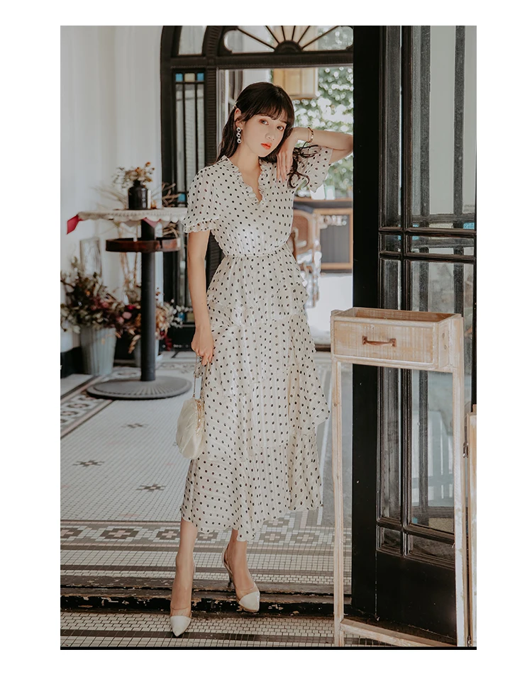 

2021 French Dresses Women Retro V-neck Polka Dot Chiffon Tiered-Ruffle Cake Dress Fairy High-Waist Slimming Simple Maxi Dress