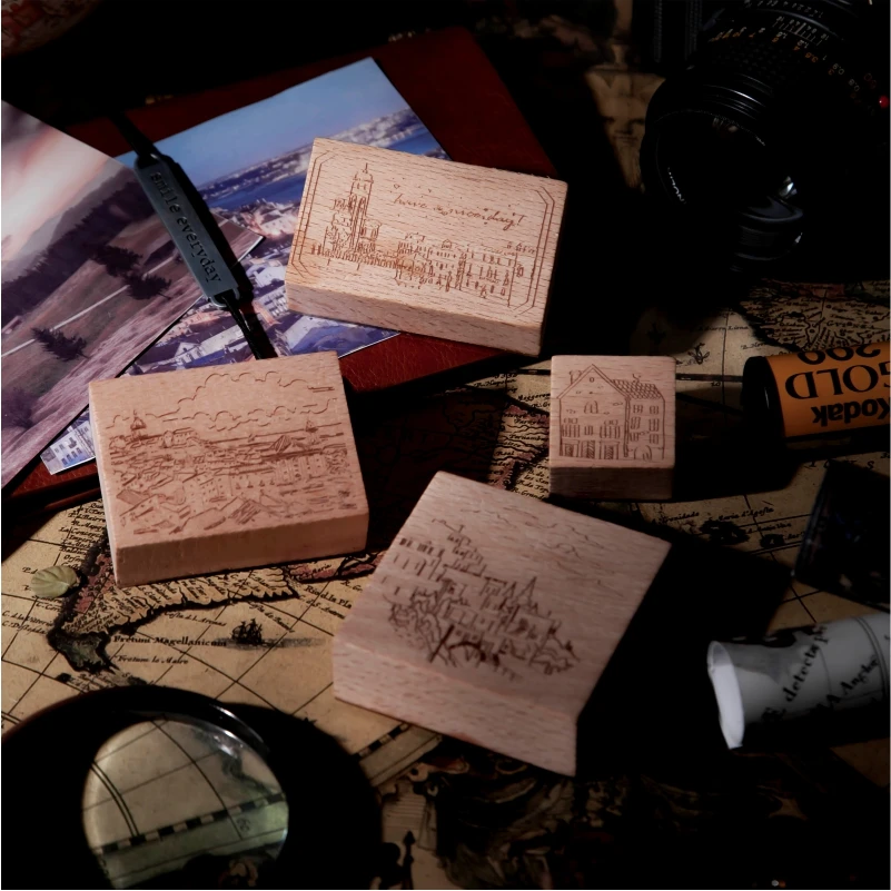 

Yoofun Scenery Wooden Stamp Dream City Post Card Making Stamps Set Wood Mounted Rubber Stamp for Journal Scrapbooking Retro Seal