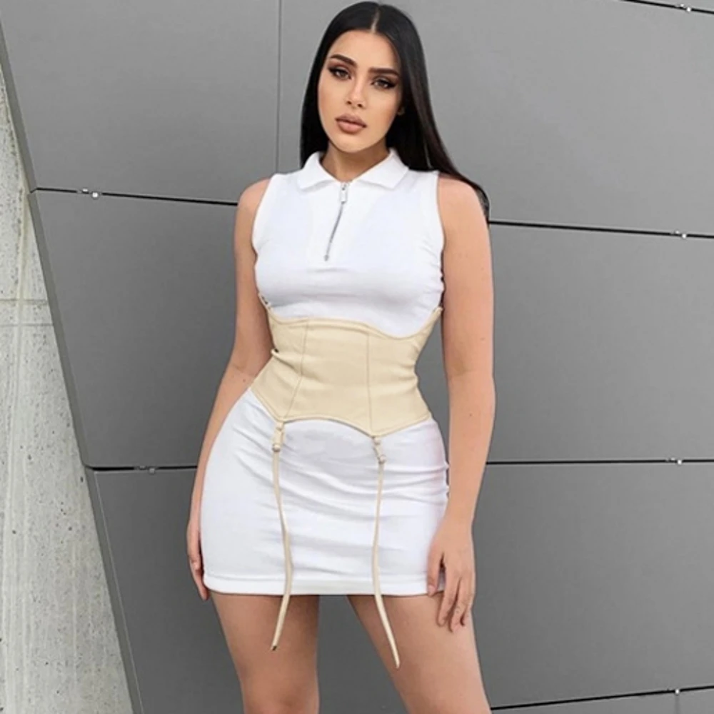 

2021 Summer Women Turn Down Collar Sleeveless Mini Dress Corset Patchwork Zipper Bodycon Sexy Streetwear Casual Y2K Dresses