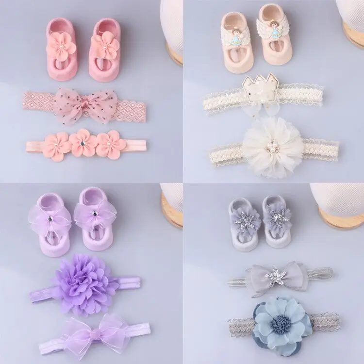 

3Pcs/Set Lace Flower Baby Girls Headband Socks Set Crown Bows Newborn Hairband Headbands For Girls Turban Hair Accessories Gifts