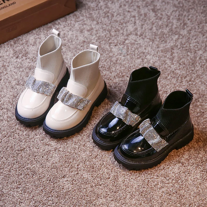 

Blingbling Rhinestone Fashion Girls Sock Short Boots Breathable Slip-on All Math 3-18 Years Old Kids Shoes T21N09LS-30