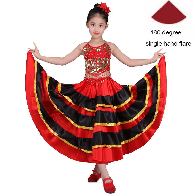 Color1 180degree Высококачественная сатиновая Мягкая красная черная юбка для девочек-подростков, испанское фламенко, полосатая шикарная одежда для бальных танцев, сценическое платье - Цвет: Color1 180degree