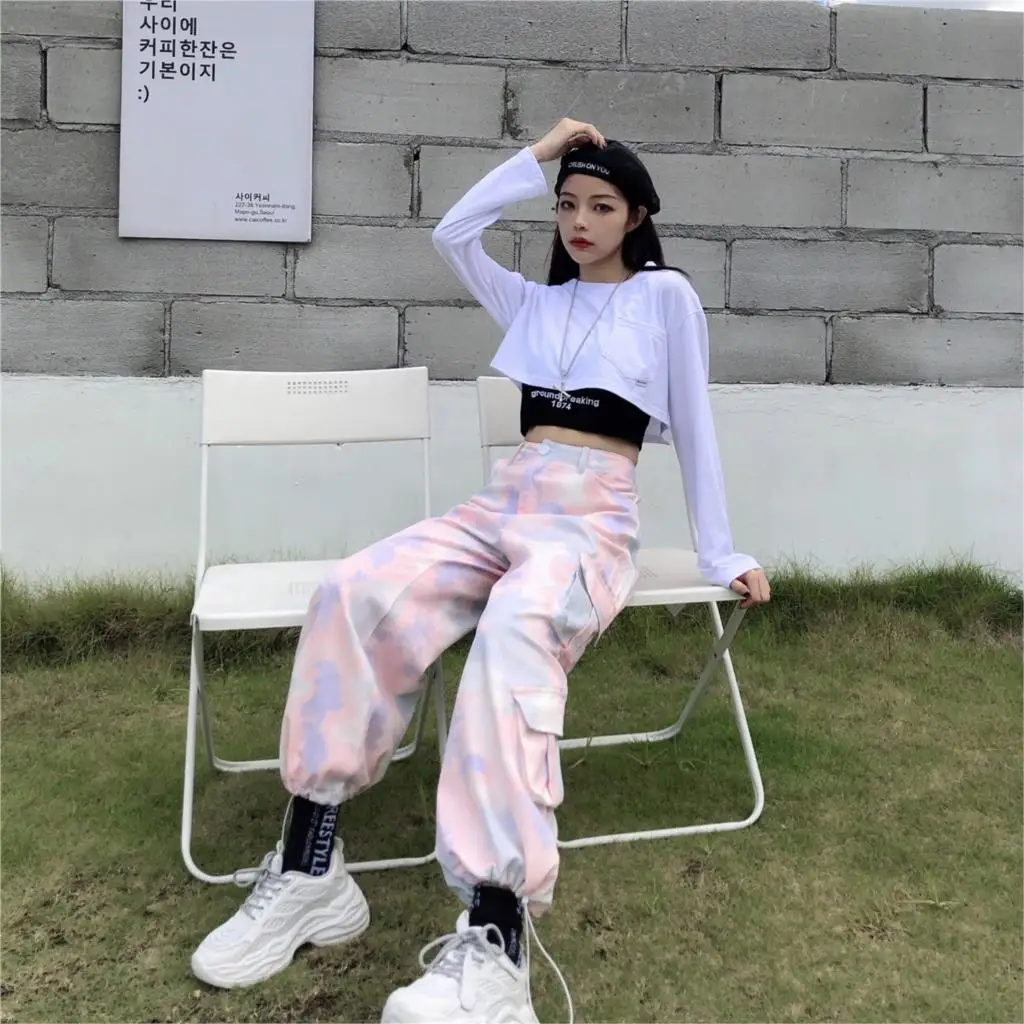 

Spring Streetwear Cargo Pants Women Harajuku BF Loose Big Pocket Hearm Pants High Waist Loose Female Trousers Vintage Tie-dye