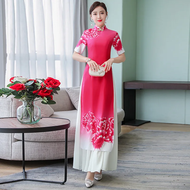 Rose red Новая традиционная вьетнамская одежда аозай Вьетнам Cheongsam китайский стиль длинный Ципао вечернее вечерние свадебные платья - Цвет: Rose red