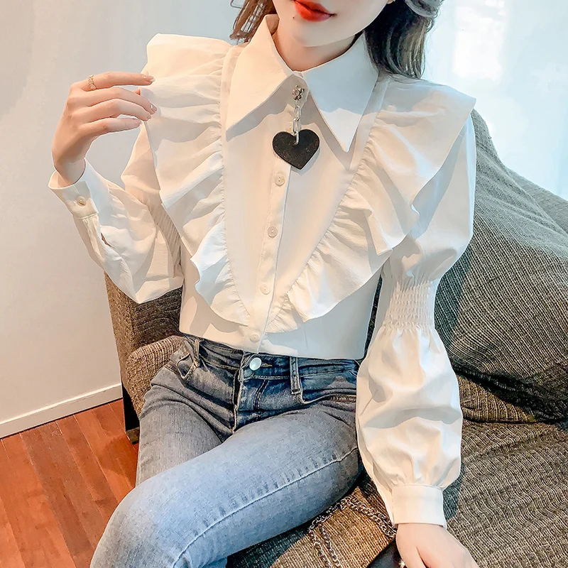 

Ruffle Love Button Blouse Solid Color Long-sleeved Shirt 2022 Spring Autumn New Clothing Women Ladies Tops Fashion Shirts