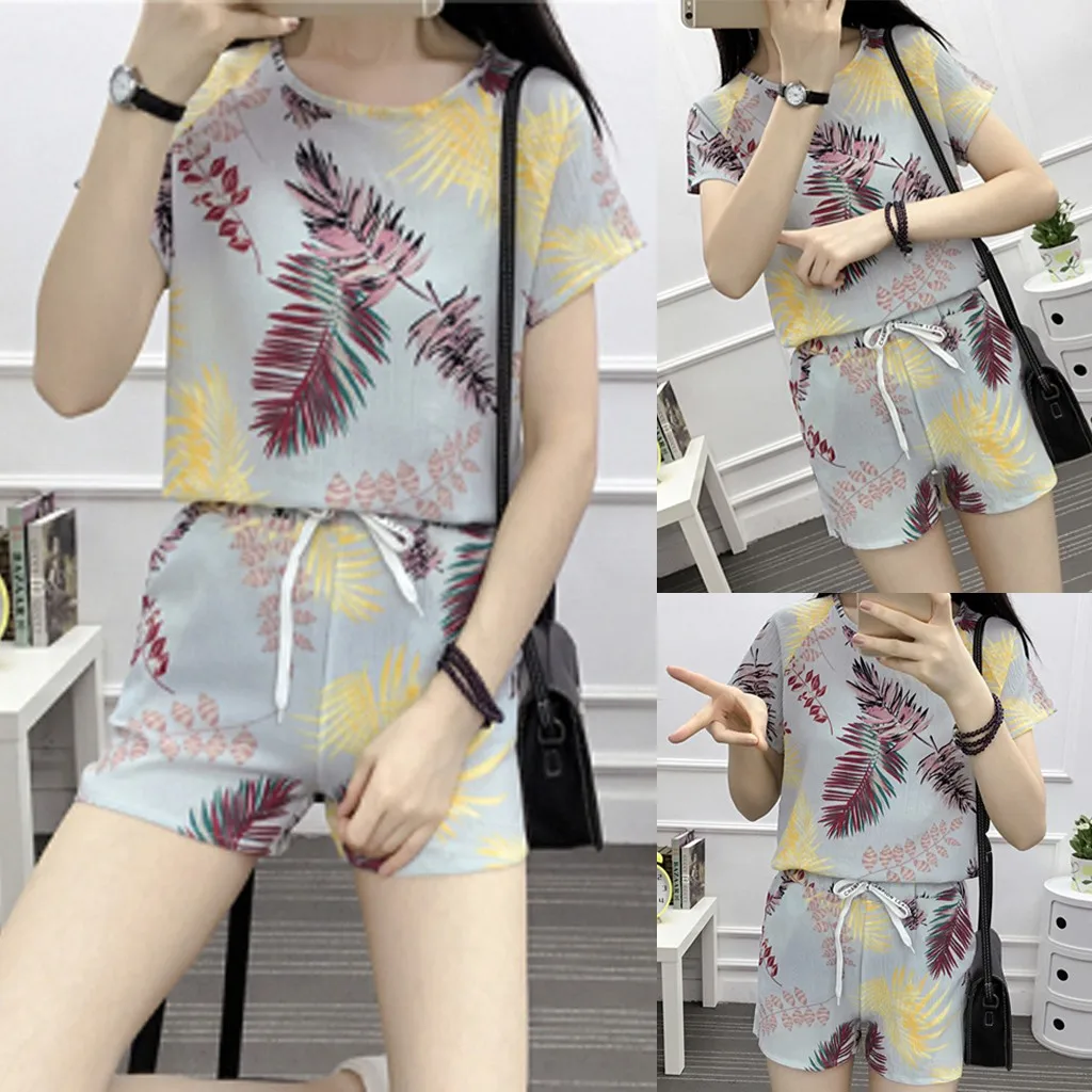 Комплект из двух предметов шифоновый топ блузка модный принт в виде листьев