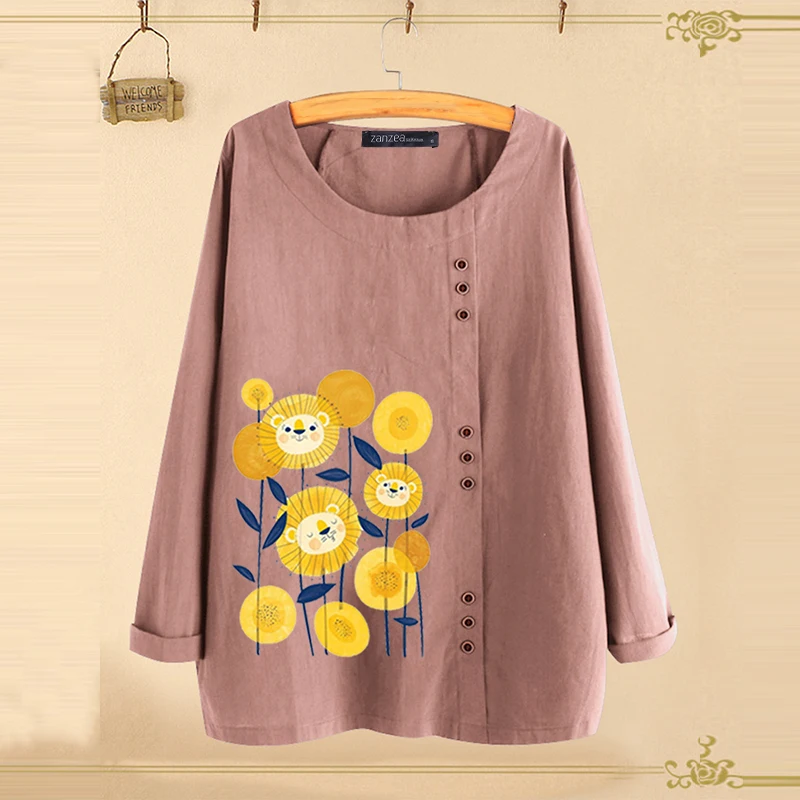 Style 3 Pink ZANZEA, осенняя блузка, Женская Повседневная рубашка с длинным рукавом, женские блузки с цветочным принтом, Женские винтажные топы с принтом, хлопковые льняные блузки - Цвет: Style 3 Pink